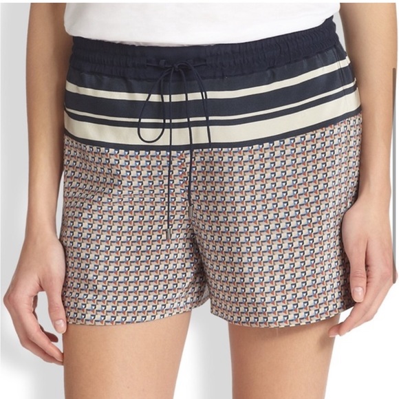 Vince 100% Silk Border Print Drawstring Shorts Coastal Blue - Size Small - Picture 2 of 12